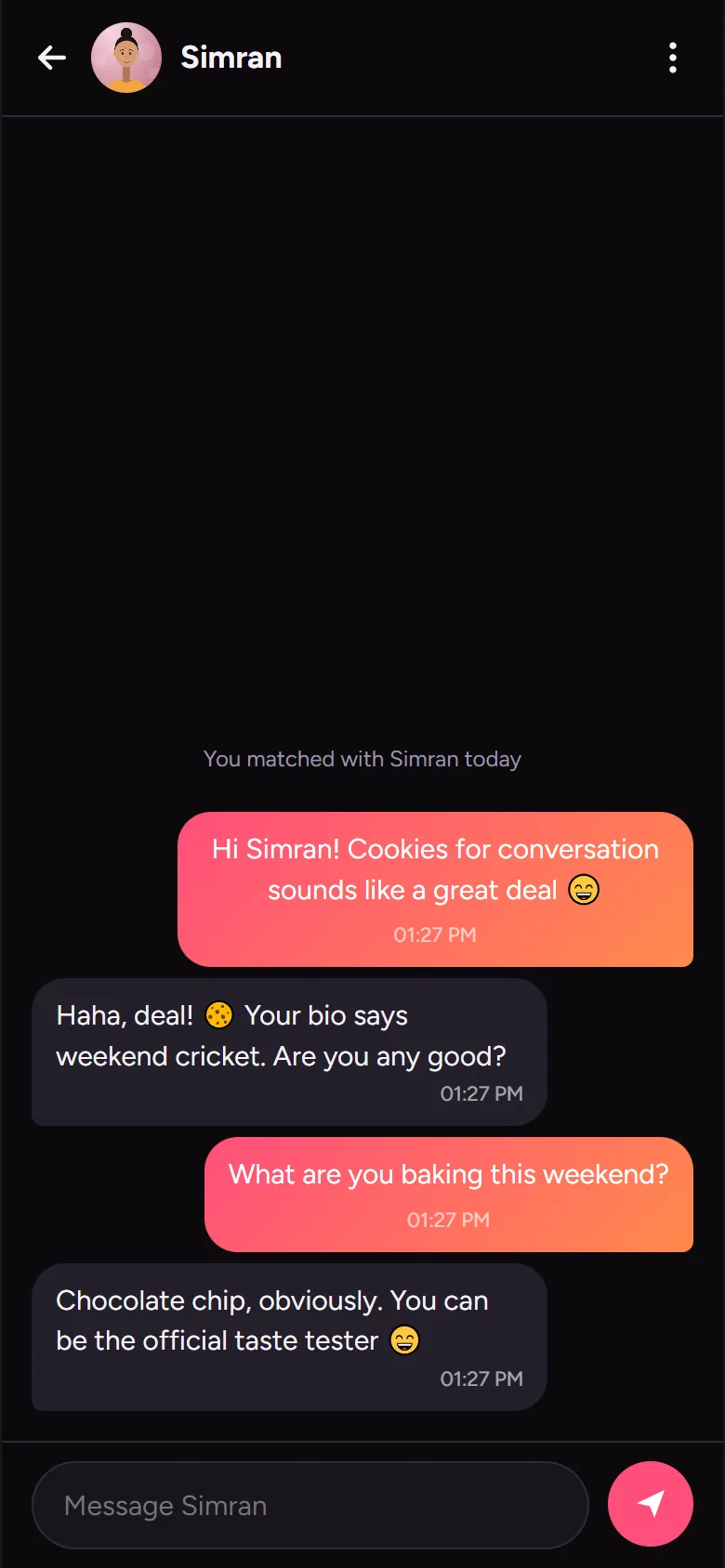 Occrr chat screen with a conversation between two matches